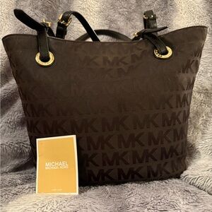 MICHAEL KORS Jet Set Black Logo Mono Canvas Tote bag Purse Leather Trim EUC